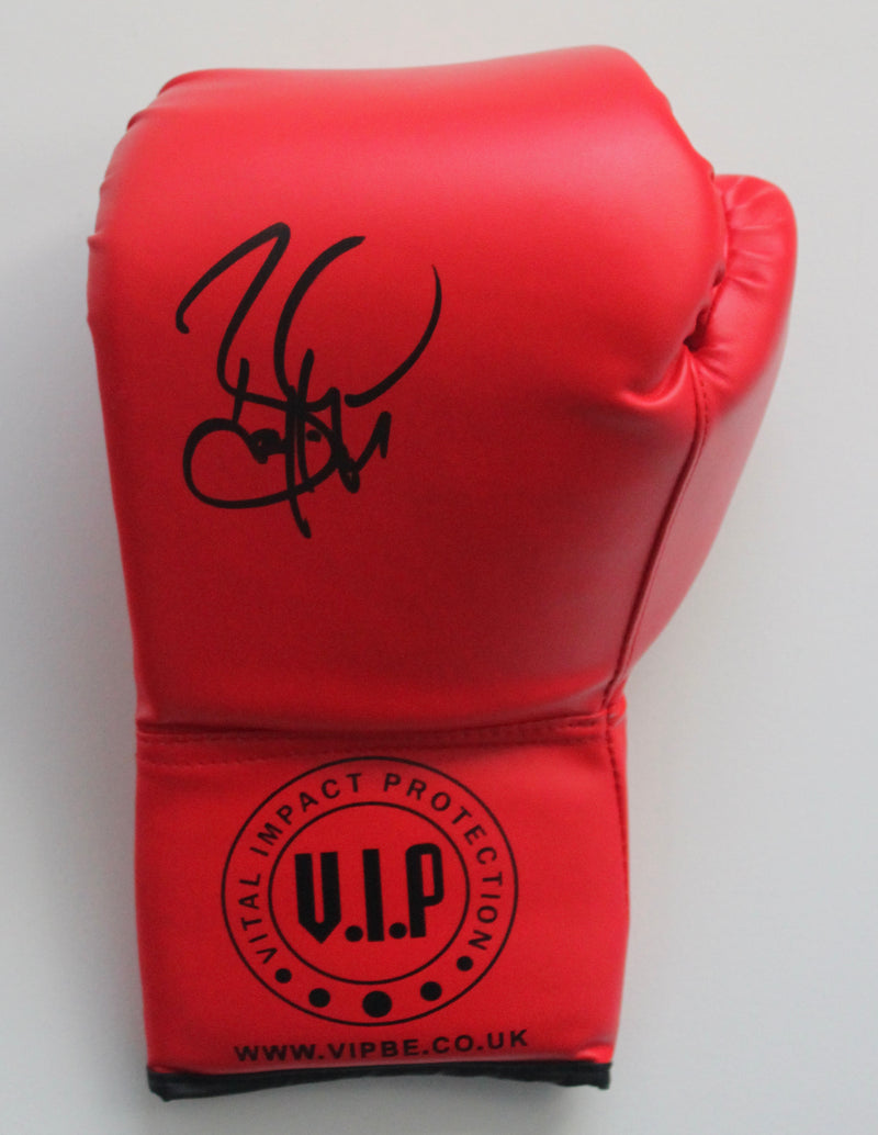 PERSONALLY SIGNED RED VIP BOXING GLOVE BY BARRY McGUIGAN LEFT HAND, PORTRAIT SIGNATURE