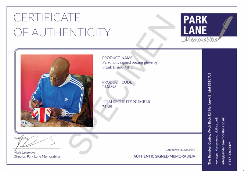 FRANK BRUNO PERSONALLY SIGNED BOXING GLOVE, LEFT HAND VIP UNION JACK