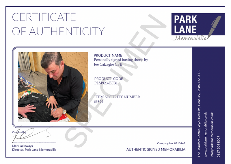 JOE CALZAGHE HAND SIGNED ' ROY JONES JR' FIGHT REPLICA FRAMED BOXING SHORTS PLM923-BFB1