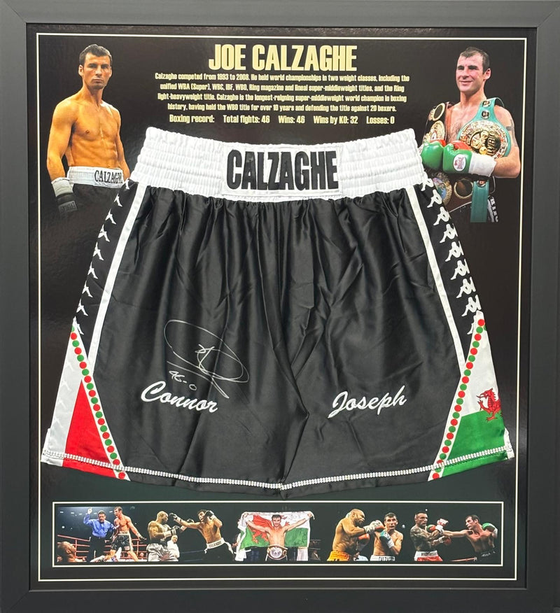 JOE CALZAGHE HAND SIGNED ' ROY JONES JR' FIGHT REPLICA FRAMED BOXING SHORTS PLM923-BFB1