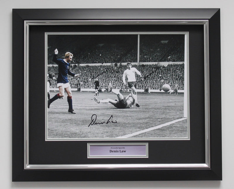 DENIS LAW SIGNED PHOTO GOAL AGAINST ENGLAND