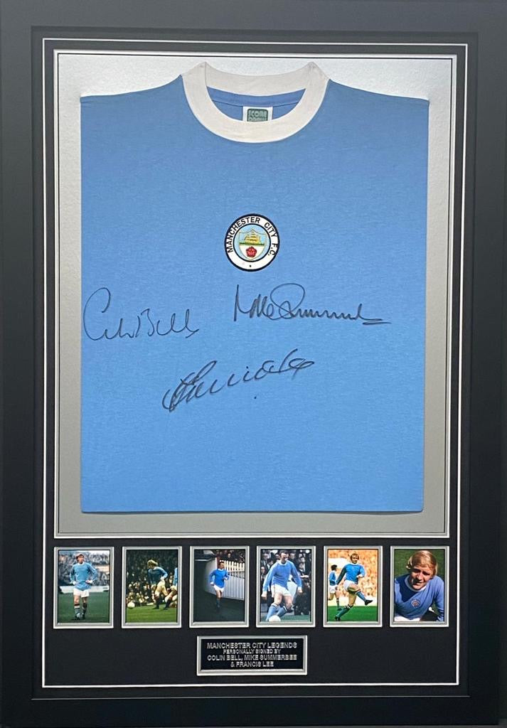 FRANCIS LEE, COLIN BELL AND MIKE SUMMBERBEE SIGNED MANCHESTER CITY SHIRT