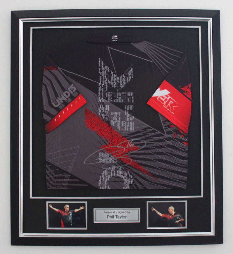 PHIL TAYLOR PERSONALLY REAR SIGNED DARTS SHIRT - REAR SIGNED - THE POWER - PREMIUM FRAME