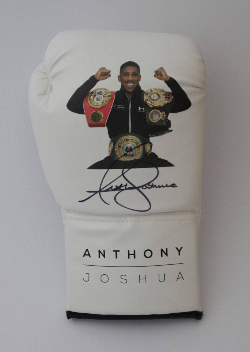 ANTHONY JOSHUA SIGNED WHITE RIGHT HANDED BOXING GLOVE - DISPLAYING BELTS