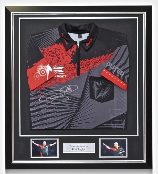 PHIL TAYLOR PERSONALLY FRONT SIGNED DARTS SHIRT -  THE POWER - PREMIUM FRAME