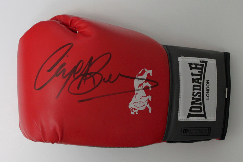 NIGEL BENN PERSONALLY SIGNED RED BOXING GLOVE - LEFT HAND - LANDSCAPE SIGNATURE