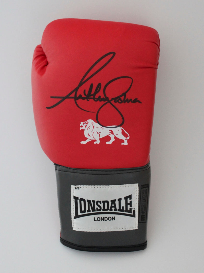 ANTHONY JOSHUA SIGNED RED LEFT HANDED BOXING GLOVE - PORTRAIT SIGNATURE