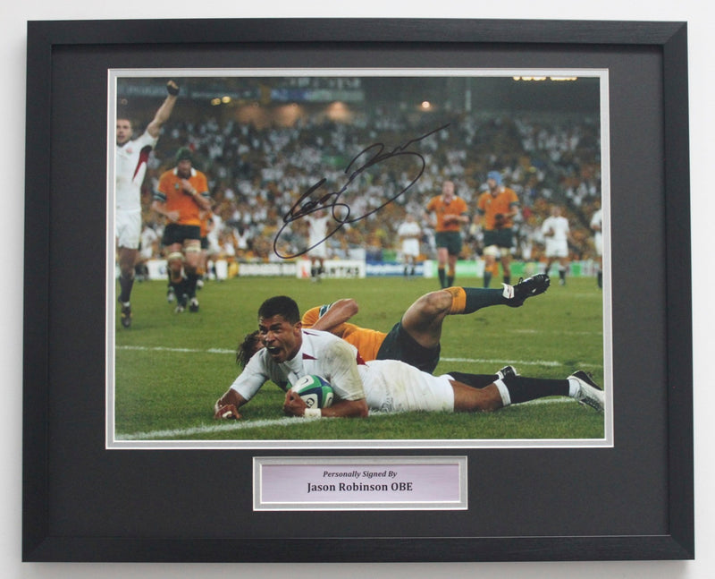 JASON ROBINSON SIGNED ENGLAND PHOTO - 2003 RUGBY WORLD CUP TRY - TOUCH DOWN - CLASSIC FRAME
