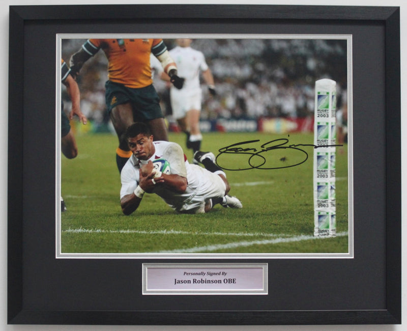 JASON ROBINSON SIGNED ENGLAND PHOTO - 2003 RUGBY WORLD CUP TRY - CLASSIC FRAME