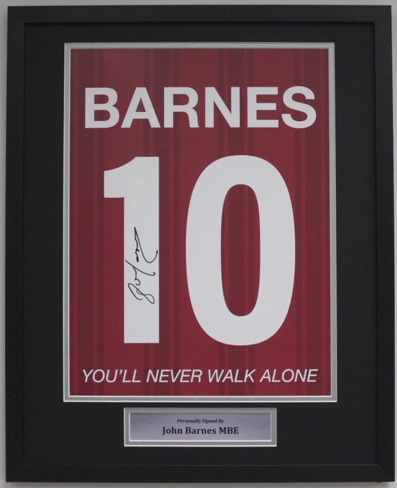 JOHN BARNES PERSONALLY SIGNED - LIVERPOOL PORTRAIT SHIRT PRINT - CLASSIC FRAME - WITH YOU'LL NEVER WALK ALONE