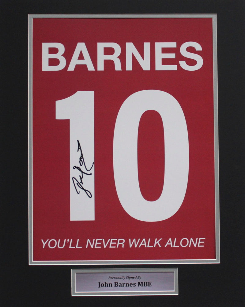 JOHN BARNES PERSONALLY SIGNED - LIVERPOOL PORTRAIT SHIRT PRINT - MOUNT - WITH YOU'LL NEVER WALK ALONE