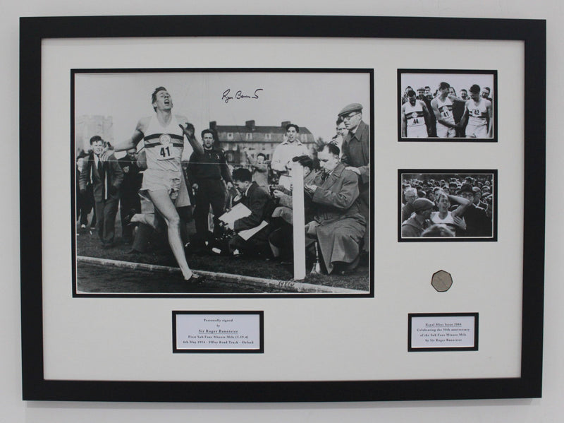 ROGER BANNISTER SIGNED - THE FIRST FOUR MINUTE MILE - BESPOKE FRAME