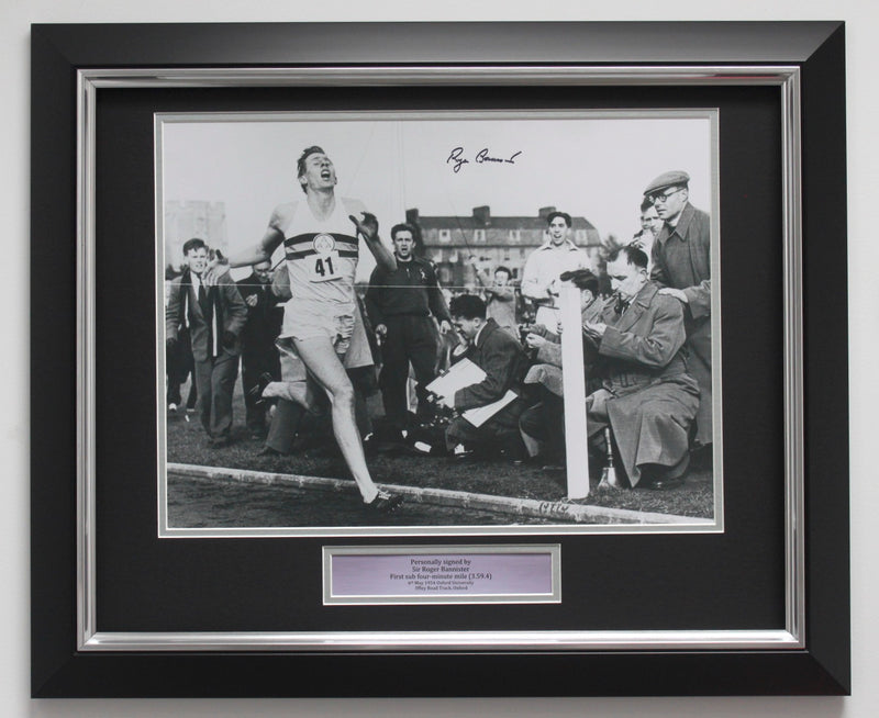 ROGER BANNISTER SIGNED - THE FIRST FOUR MINUTE MILE - PREMIUM FRAME